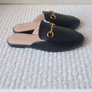 Minorsu Black Leather Horsebit Mules, 9.5